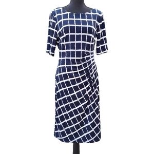 CONNECTED APPAREL Ruched Sheath Blue White Geometric Pattern Midi Dress SIZE 10